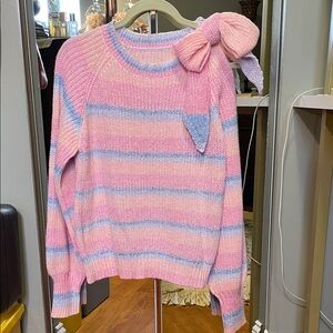 SHEIN Pink and Blue Striped Sweater with Bow Accent & Cold Shoulder Sleeve (XS)